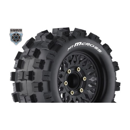 Louise RC - MT-MCROSS - 1-10 Monster Truck Tire Set - Mounted - Sport - Black Wheels - Removable HEX 12 Narrow 12 Wide