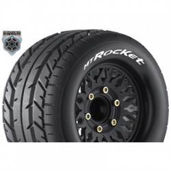 Louise RC - MT-ROCKET - 1-10 Monster Truck Tire Set - Mounted - Sport - Black Wheels - Removable HEX 12 Narrow 12 Wide