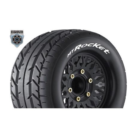 Louise RC - MT-ROCKET - 1-10 Monster Truck Tire Set - Mounted - Sport - Black Wheels - Removable HEX 12 Narrow 12 Wide