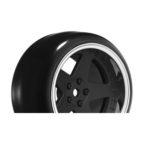 Louise RC - 1-10 Drift Tire Set - Mounted - 5-Spoke Wheels Matte Black - Removable 2 4 6 8mm Offset - Hex 12mm