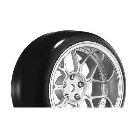 Louise RC - 1-10 Drift Tire Set - Mounted - 14-Spoke Wheels Matte Silver - Removable 2 4 6 8mm Offset - Hex 12mm 